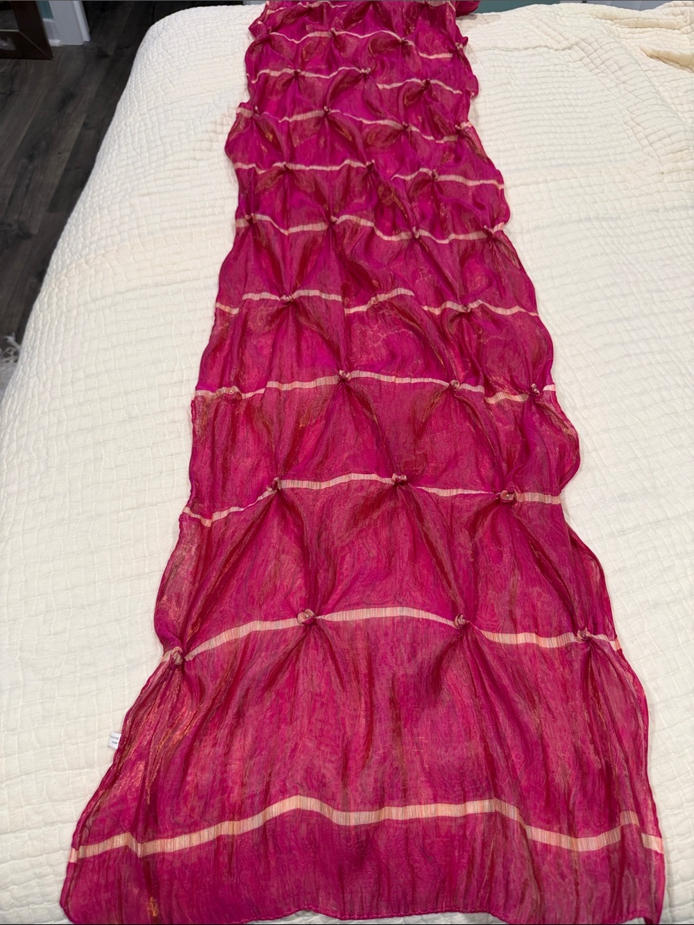 Fuchsia Textured Maxi Wrap Silk Scarf with Gold-Trim Accents